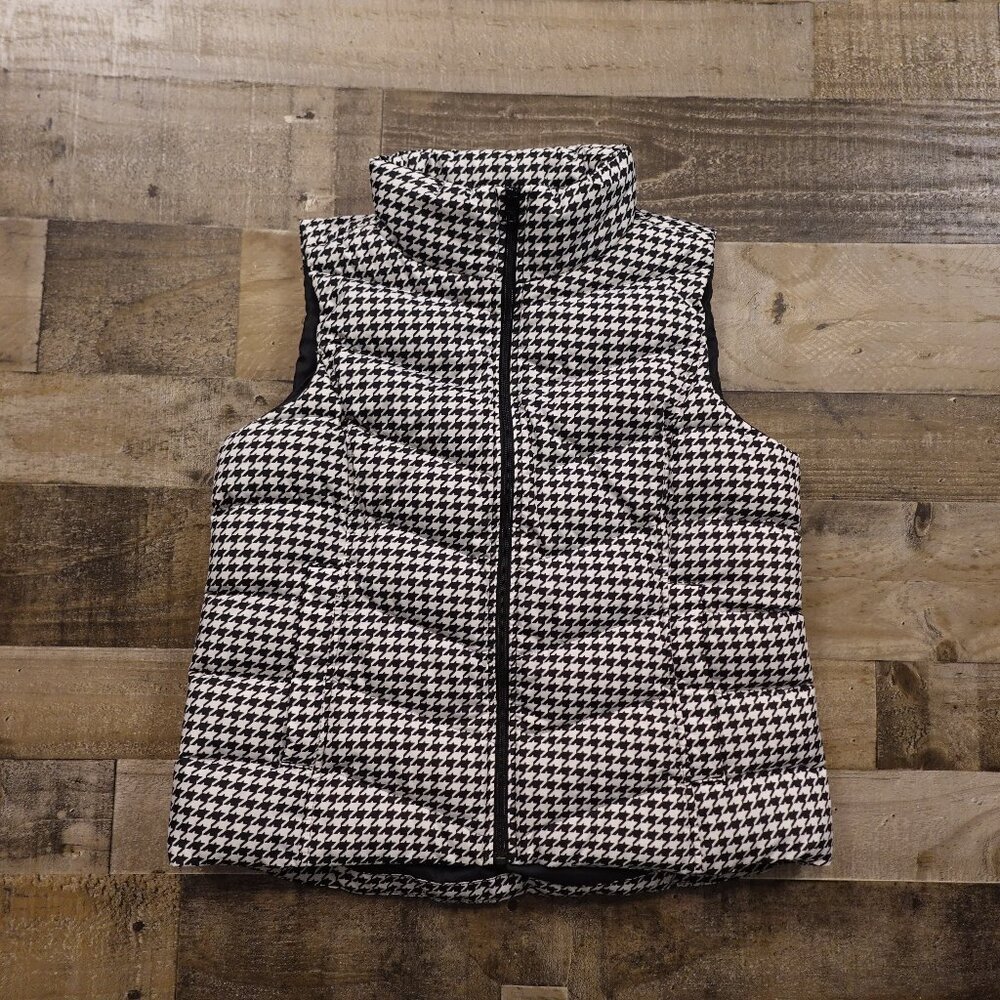 Lands’ End Quilted Puffer Vest Women’s M 10–12 Petite Black White Houndstooth